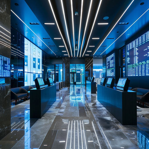 Modern bank interior with digital information screens