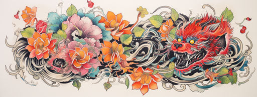 Japanese dragon and flowers in Louis Wain style
