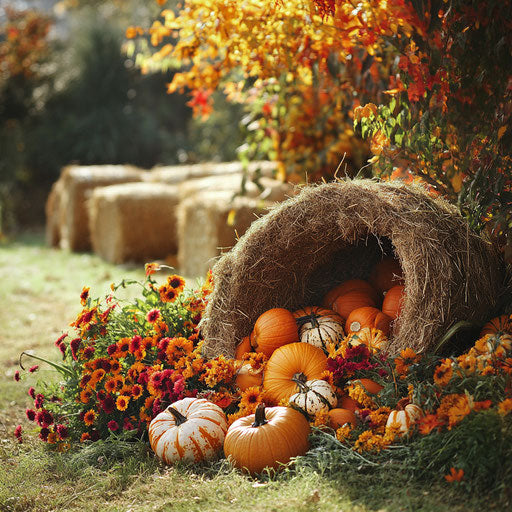 Rustic cornucopia brimming with freshly harvested pumpkins, squash, and carrots, surrounded by hay bales and autumn wildflowers.