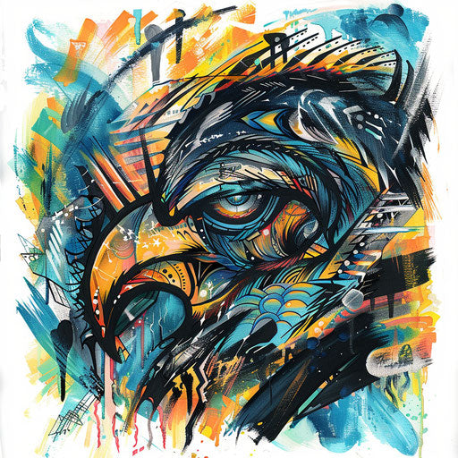 Expressionist tattoo sketch of a Batok pattern with dynamic brush strokes and vivid colors