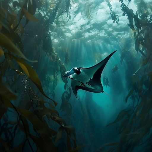 Manta ray navigating through giant kelp