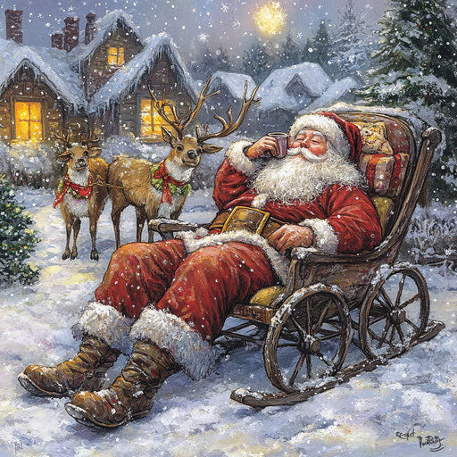 Santa and his reindeer resting after a long night