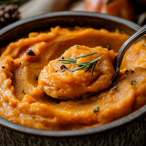 A spoon in creamy mashed yams