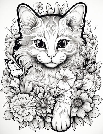 Coloring page of a kitten with flowers and butterflies