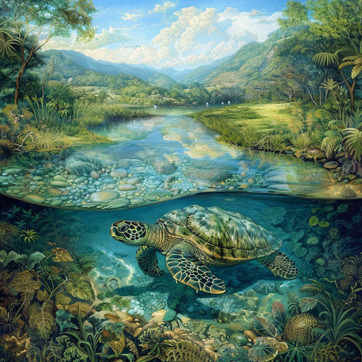 Water turtle merging with crystal-clear river