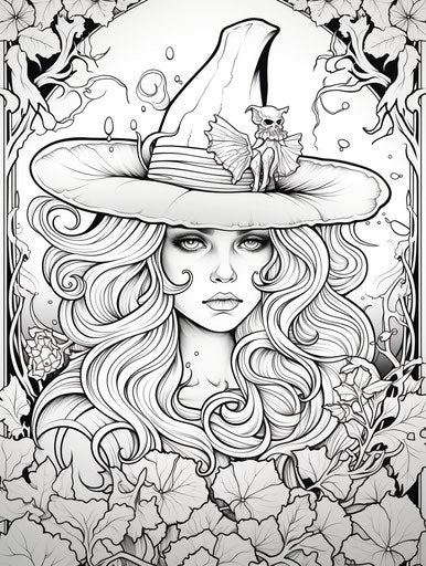 Printable Halloween coloring pages, in the style of Marguerite Blasingame, witchcore 3:4