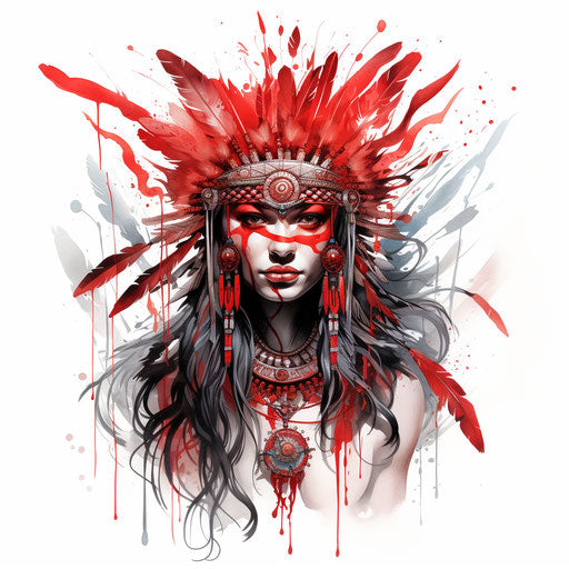American Indian tattoo designs in red, dark white, fine feathers