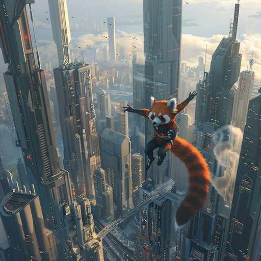 Flying superhero panda in futuristic cityscape