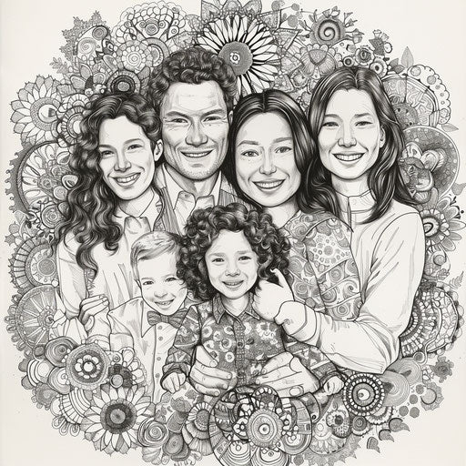 Intricately designed family portrait with mandala patterns