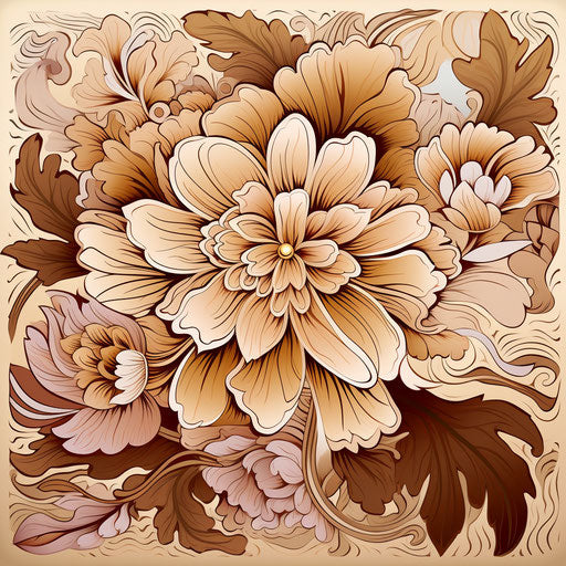 Coloring page flower and leaves outline in light brown style