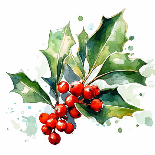 Holly clipart in the style of Impressionistic Art, on a white background