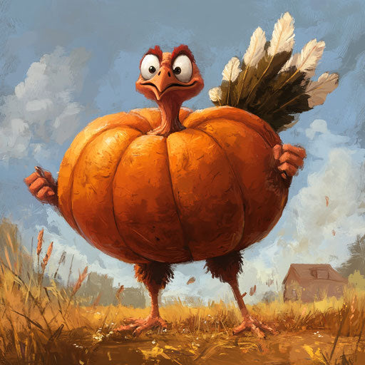 Cartoon turkey balancing giant pumpkin on its back