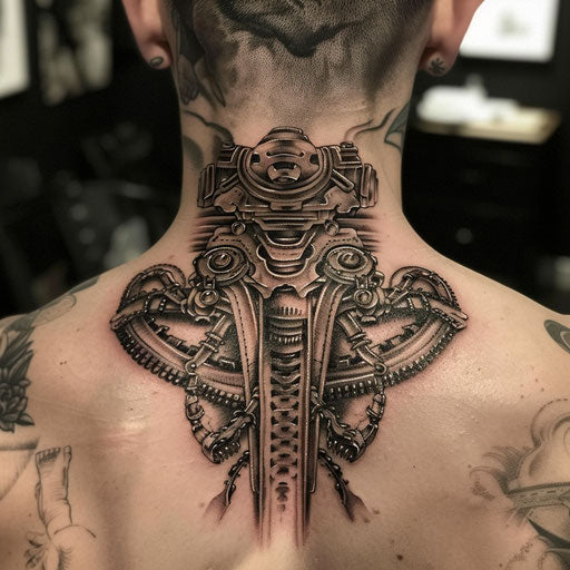 Back neck tattoo of a biomechanical design