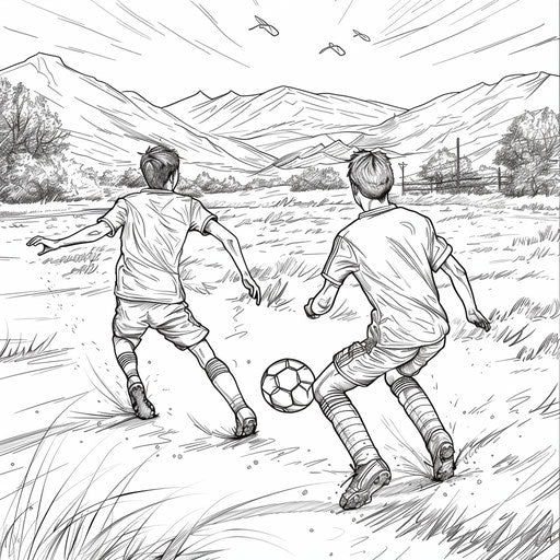 Two friends playing soccer in a field. Coloring book page