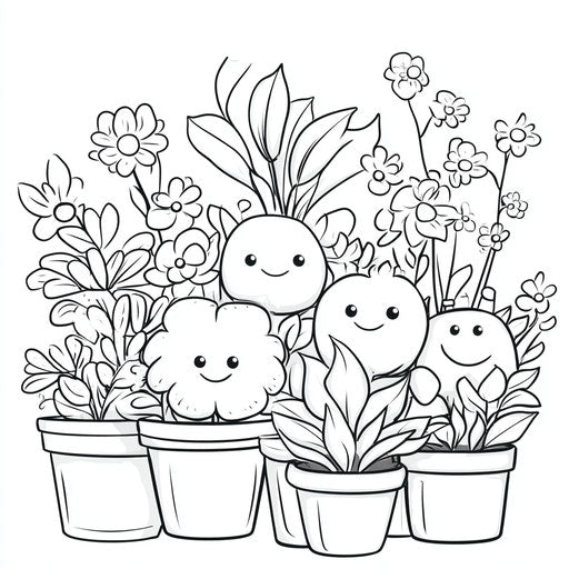 Playful plant with smiling faces for children in the style of Mamoru Hosoda, Coloring book page