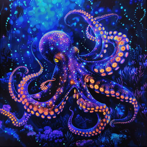 Neon octopus in bioluminescent underwater landscape