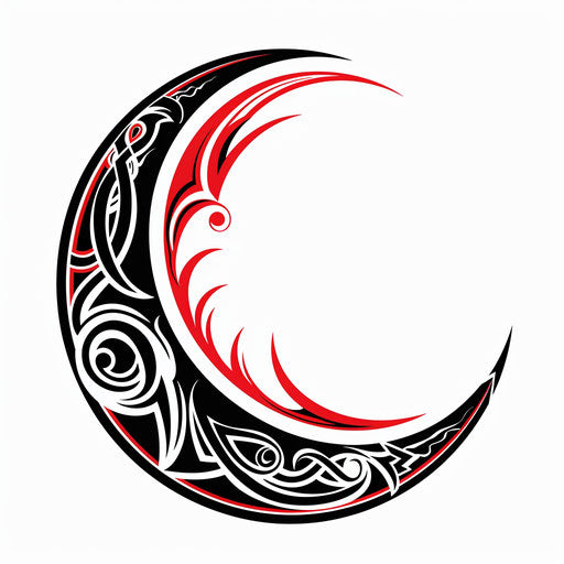 Bold tribal half moon tattoo sketch, black and red