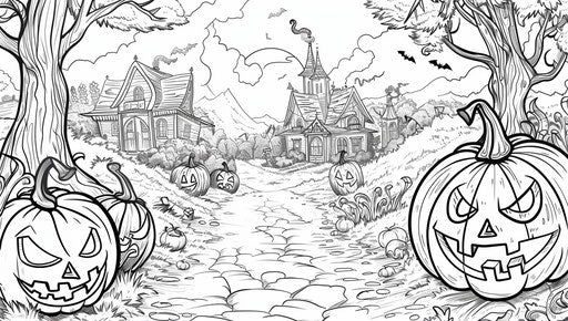 Halloween coloring with pumpkins and jack o'lanterns, lush landscape