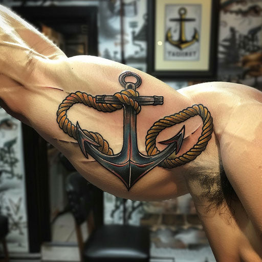 Bicep tattoo vintage anchor rope Ed Hardy style