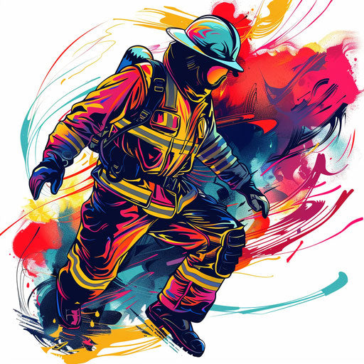 Heroic firefighter in action in colorful tattoo style