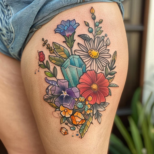 Wildflower tattoo with gemstones and colorful blooms