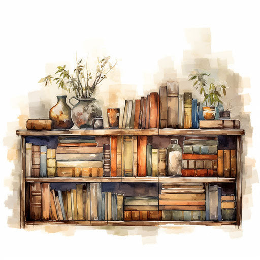 Bookshelf clipart in the style of Oil painting, on white bkgd