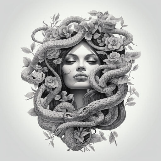 Asian Indian woman vyrus head, drawing art print, mythology-inspired style, floral, figura serpentinata, monochrome palette, nouveau realism