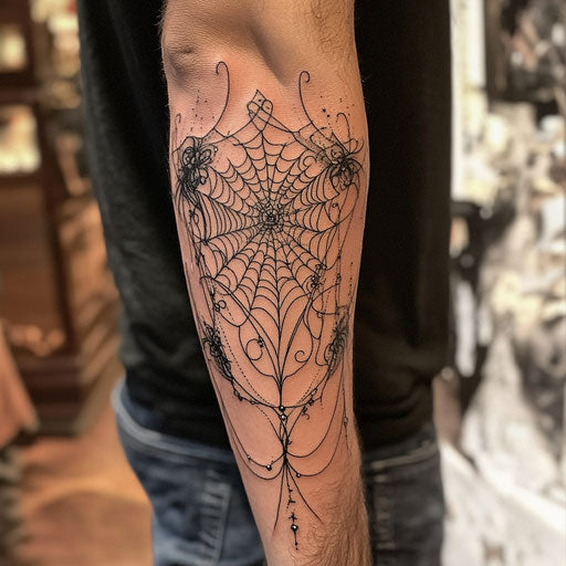 Spider web elbow tattoo with dark fantasy themes, in the style of David Palumbo