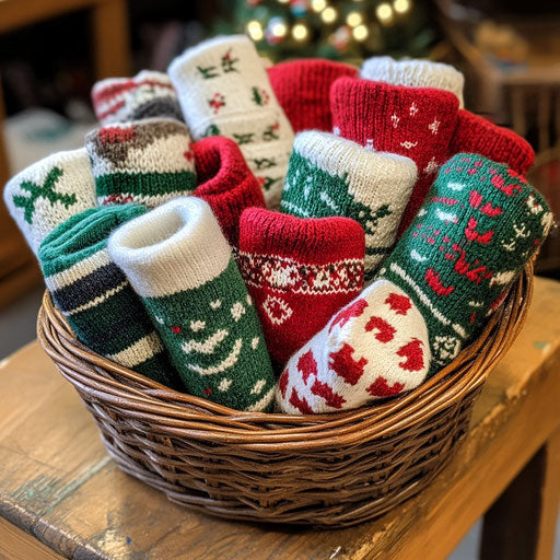 Basket of rolled-up Christmas socks ready to be donated