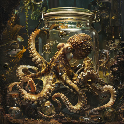 Clever octopus solving puzzles in an aquarium