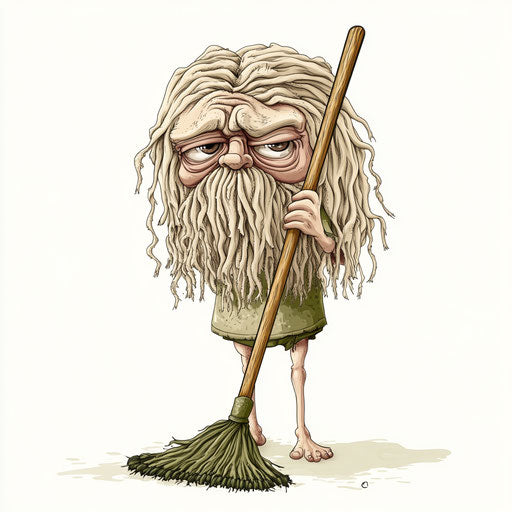 Humorous caricature of a mop with human characteristics