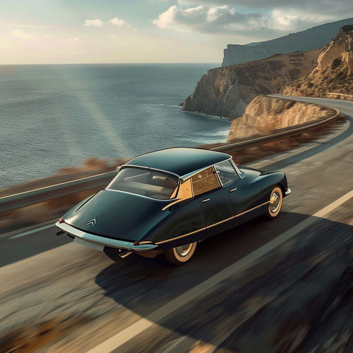 Sporty Citroen DS 20 on a coastal road