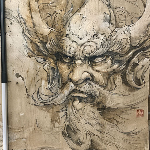 Rustic tattoo sketch of a Tengu using earthy tones and natural textures
