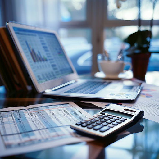 Financial planner's desk with calculator and open laptop