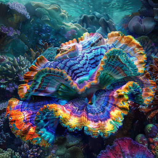 Giant clam in a vibrant underwater setting with intense colors