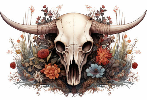 Bull skull and flowers in old west style, deeply symbolic