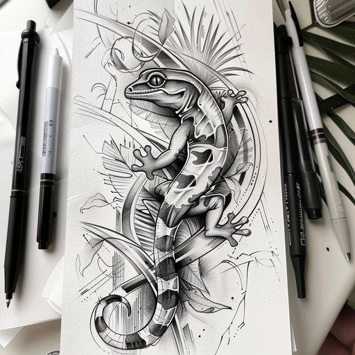 Artistic sketch of a flat tattoo featuring a gecko blending in an abstract jungle backdrop