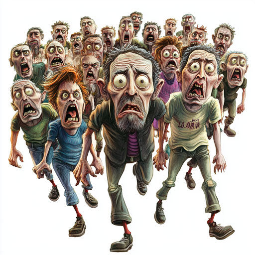Humorous caricature of a crowd with human characteristics, exaggerated googly eyes, thin legs, magical atmosphere, vibrant colors, cartoon style, angry, high-resolution, no background, isolated