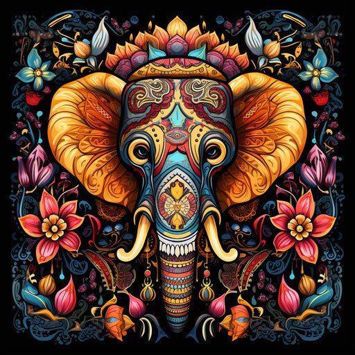 Elephant skull motifs energetic hand-colored decoration