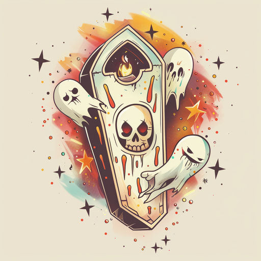 Cheerful cartoon coffin with friendly ghosts