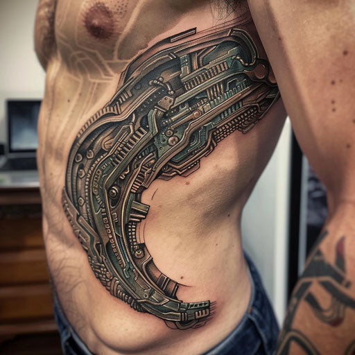 Biomechanical circuit rib tattoos, Guy Aitchison style