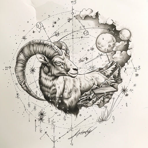 Sketch of Aries constellation tattoo with playful characters and dreamy landscapes