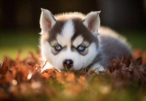 Black and white husky puppy in the grass