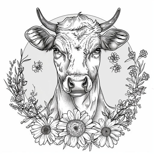 Cow with floral wreath. Coloring book page