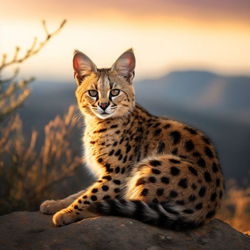 Serval cat sitting in front of mountain scenery