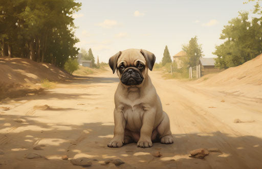 Pug puppy on the side of a dirt road
