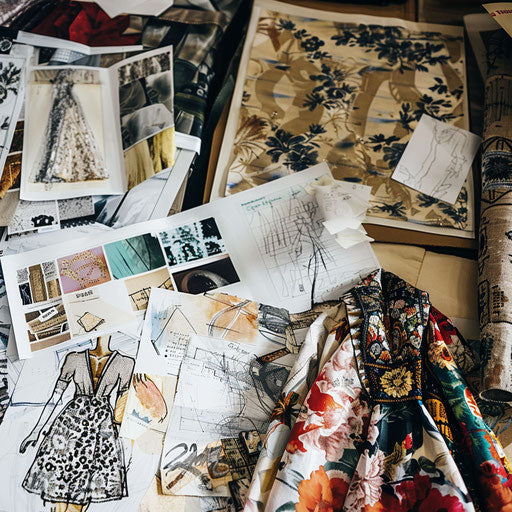 Fashion designer in studio with fabrics and sketches