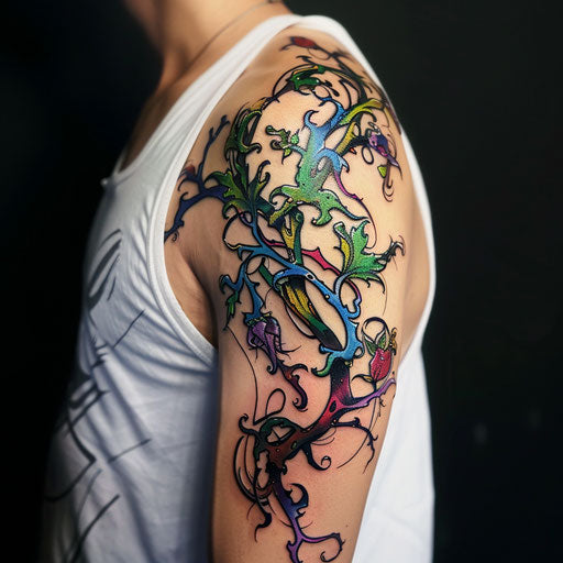 Surreal vine tattoo art, fantasy elements, vivid colors