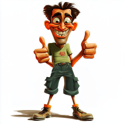 Humorous caricature of a shadow with human characteristics, exaggerated eyes, muscular legs, oversized, in vibrant colors, cartoon style, thumbs up