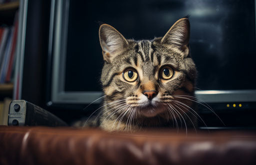 Cat observing the couch in front of the TV
